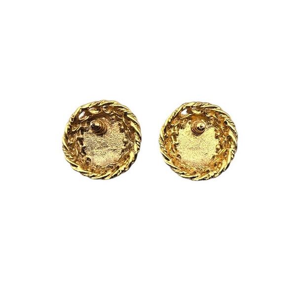 Green Cabochon Clip-On Vintage Earrings Gold Woven Statement Retro - Picture 5 of 5